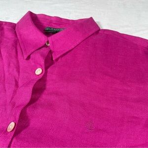 Lauren Ralph Lauren Womens L 100% Linen Button Up Monogram Logo Top Pink/Purple